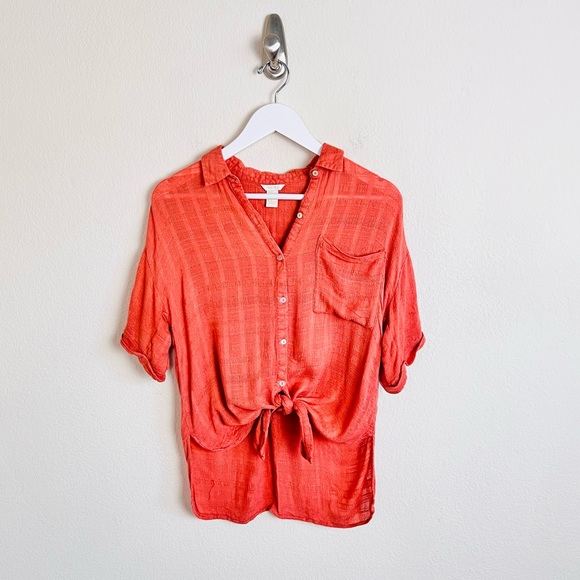 Orange Rust Check Self-Tie Short Sleeve Button Down Blouse - Picture 2 of 8